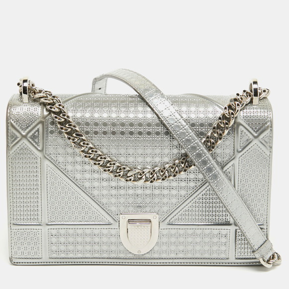 Dior Handbags - DIOR Silver Microcannage Patent Leather Medium ama Flap Shoulder Bag